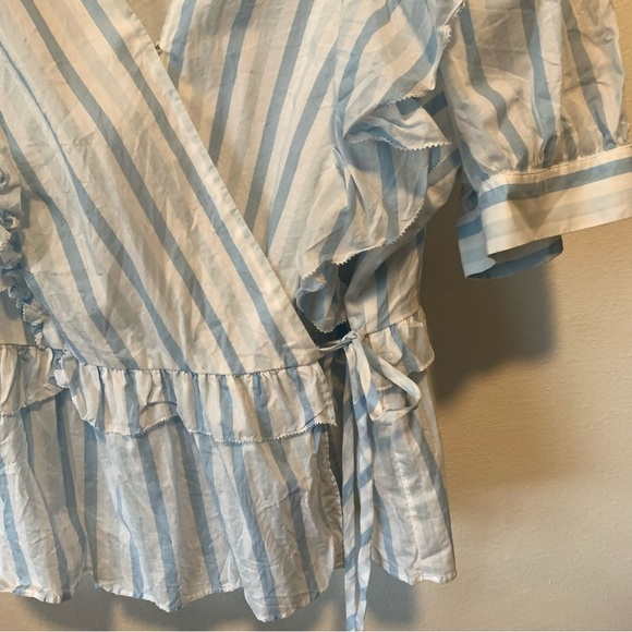 J Crew Womens 2X XXL Blue White Wrap Top Blouse Stripe Ruffle Tie Cotton - Picture 5 of 10